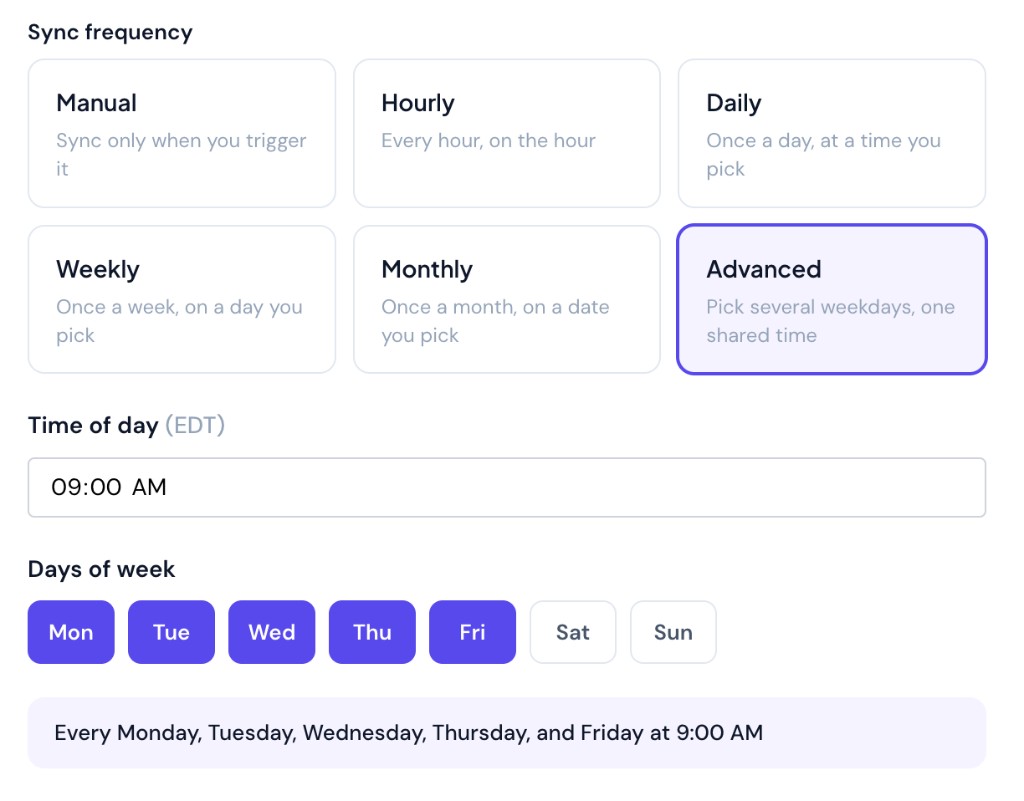 The sync frequency picker in the console, showing Manual, Hourly, Daily, Weekly, Monthly, and Advanced options, with a time-of-day field and weekday selector